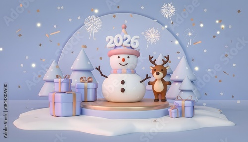 Cute 3D 2026 New Year Scene with Snowman, Reindeer, and Podium on Blue Winter Background