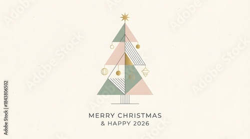 Minimalist Geometric Christmas Tree Card with Hanging Ornaments and Pastel Arches