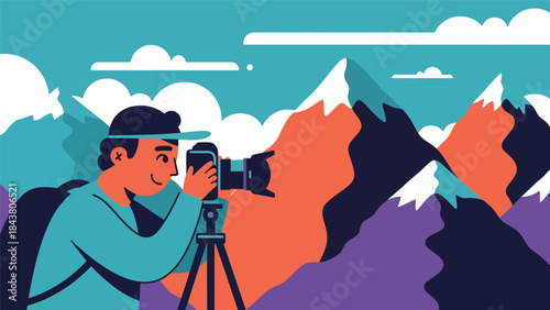 Flat vector illustration of a photographer capturing outdoor landscape scenery, ideal for travel content, nature photography, tourism marketing, and creative visuals