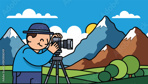 Flat vector illustration of a photographer capturing outdoor landscape scenery, ideal for travel content, nature photography, tourism marketing, and creative visuals