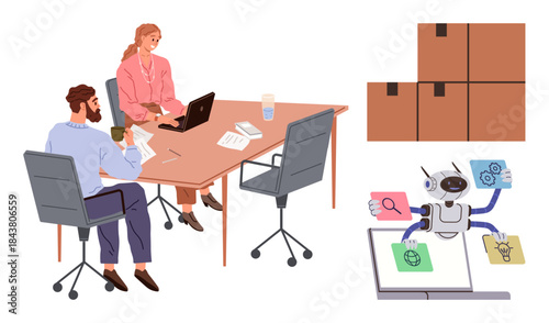 Workers at desk with laptops and documents, robot managing logistics and analytics tasks. Ideal for teamwork, automation, technology, AI tools, logistics, workplace innovation, simple flat metaphor