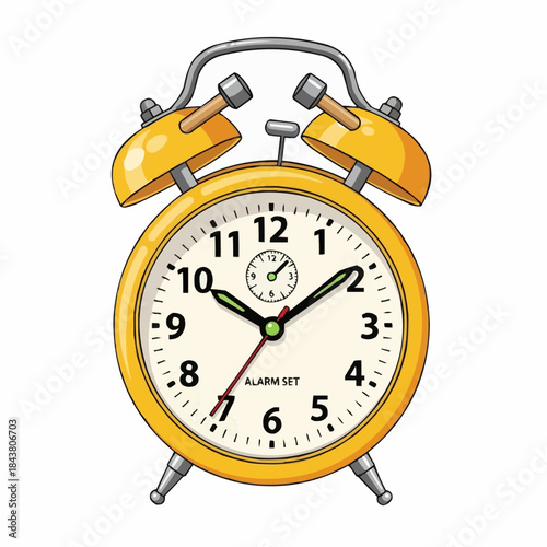 A yellow vintage alarm clock showing time Vector illustration