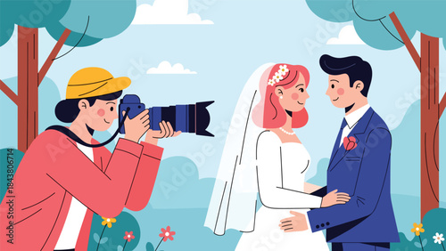 Flat vector illustration of a wedding photographer capturing special moments, ideal for event photography, wedding services, celebration visuals, and romantic content