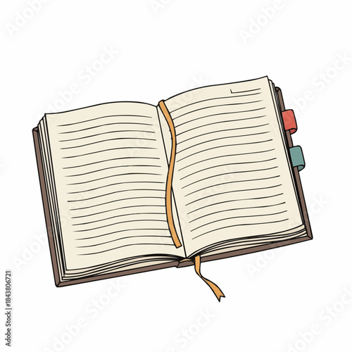 An open book with a bookmark and tabs, ready to be written in. This simple illustration evokes a sense of knowledge and study.  Vector illustration