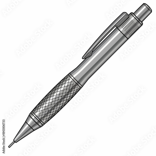 A detailed image of a sleek mechanical pen, designed for precision writing and everyday use. The pen features a metallic body with a textured grip. Vector illustration