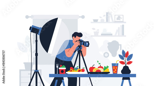 Modern flat vector illustration of a photographer shooting food photography, ideal for culinary marketing, restaurant promotion, food blogs, and creative content