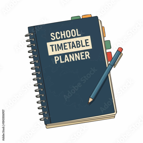 A school timetable planner and pen placed on a surface ready for use Vector illustration