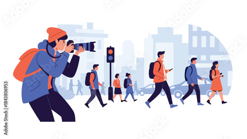 Modern flat vector illustration of a photographer capturing candid street photography, ideal for urban lifestyle visuals, creative storytelling, and documentary content
