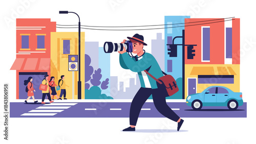 Modern flat vector illustration of a photographer capturing candid street photography, ideal for urban lifestyle visuals, creative storytelling, and documentary content