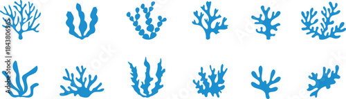 Blue coral silhouettes set with organic reef shapes. Minimal marine botanical vector icons for ocean themes. Clean aquatic design elements for nature and underwater projects.