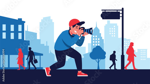 Modern flat vector illustration of a photographer capturing candid street photography, ideal for urban lifestyle visuals, creative storytelling, and documentary content
