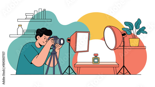 Flat vector illustration of a photographer taking product photos, ideal for e-commerce visuals, product marketing, commercial photography, and business branding