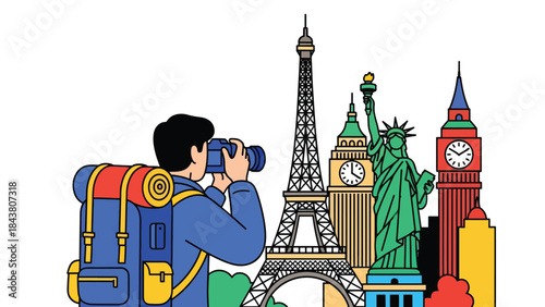 Flat vector illustration of a travel photographer capturing landmarks, ideal for tourism marketing, travel blogs, adventure content, and creative storytelling
