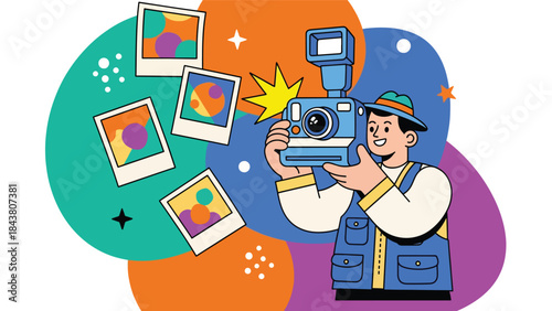 Modern flat vector illustration of a photographer using an instant camera, ideal for retro photography concepts, creative hobbies, and playful visual content
