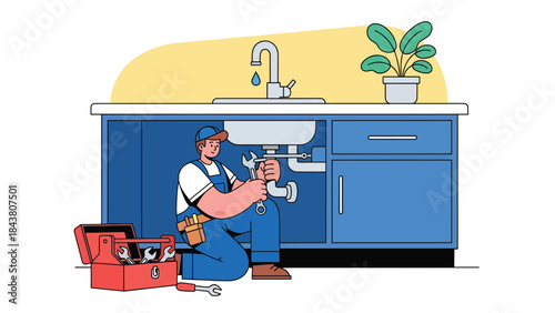 Modern flat vector illustration of a repairman fixing a leaking kitchen sink, ideal for home service websites, plumbing ads, maintenance guides, and repair business branding