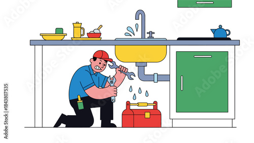 Modern flat vector illustration of a repairman fixing a leaking kitchen sink, ideal for home service websites, plumbing ads, maintenance guides, and repair business branding