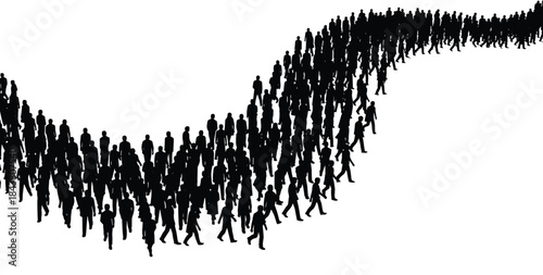 Crowd silhouette walking, wave formation, human movement, social behavior, migration concept, unity, black figures, abstract people, urban flow, sociology art
