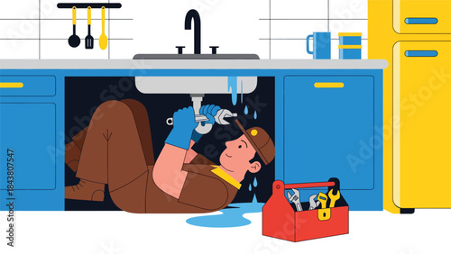 Modern flat vector illustration of a repairman fixing a leaking kitchen sink, ideal for home service websites, plumbing ads, maintenance guides, and repair business branding