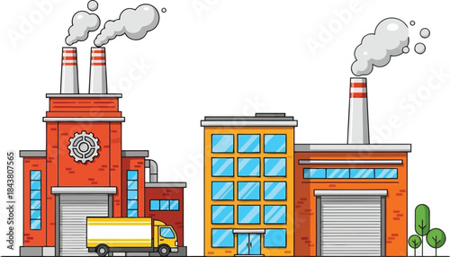 Cartoon illustration of industrial factory buildings with smoking chimneys and a delivery truck