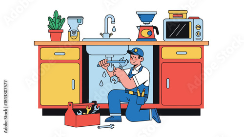Modern flat vector illustration of a repairman fixing a leaking kitchen sink, ideal for home service websites, plumbing ads, maintenance guides, and repair business branding