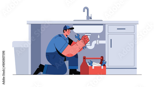 Modern flat vector illustration of a repairman fixing a leaking kitchen sink, ideal for home service websites, plumbing ads, maintenance guides, and repair business branding