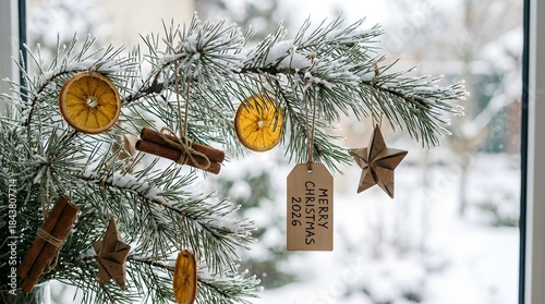 Merry Christmas 2026 Wooden Tag on Frosted Pine Branch with Dried Oranges and Cinnamon at Sunset Window