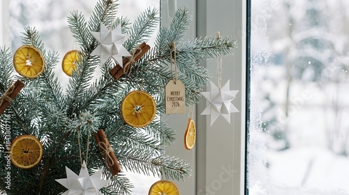 Merry Christmas 2026 Greeting on Snowy Pine Branch with Natural Decorations and Falling Snow Background