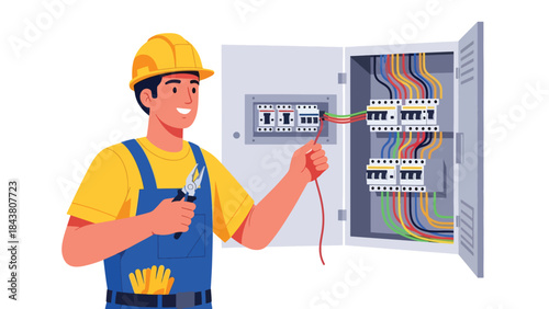 Flat vector illustration of an electrician repairman installing and repairing electrical wiring, ideal for electrical services, safety guides, home maintenance visuals, and technical branding