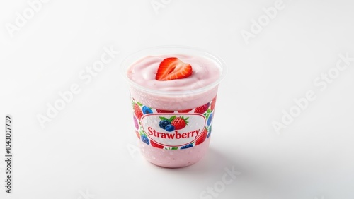 Strawberry Yogurt Cup with Fresh Strawberry Slice on White Background.