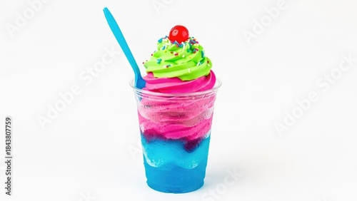 Vibrant Layered Ice Cream Dessert with Cherry Topping.