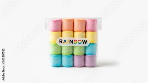 Colorful Rainbow Marshmallows in Clear Packaging on White Background.