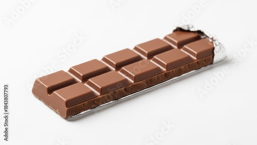 Delicious Milk Chocolate Bar with Foil Wrapper on White Background.