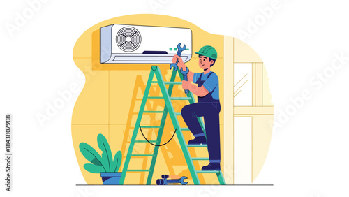 Modern flat vector illustration of a repairman fixing an air conditioner unit on a ladder, ideal for HVAC services, home maintenance ads, and appliance repair promotions