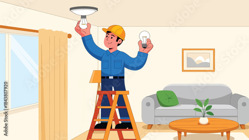 Flat vector illustration of a repairman replacing a ceiling light bulb, ideal for home maintenance graphics, electrical safety content, service brochures, and repair tutorials