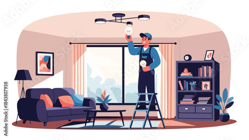 Flat vector illustration of a repairman replacing a ceiling light bulb, ideal for home maintenance graphics, electrical safety content, service brochures, and repair tutorials