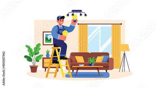 Flat vector illustration of a repairman replacing a ceiling light bulb, ideal for home maintenance graphics, electrical safety content, service brochures, and repair tutorials