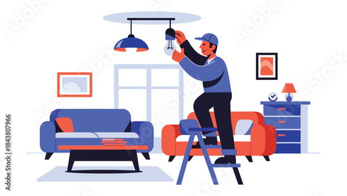 Flat vector illustration of a repairman replacing a ceiling light bulb, ideal for home maintenance graphics, electrical safety content, service brochures, and repair tutorials