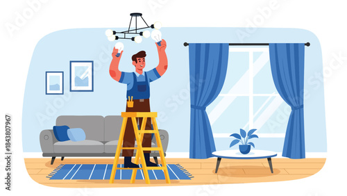 Flat vector illustration of a repairman replacing a ceiling light bulb, ideal for home maintenance graphics, electrical safety content, service brochures, and repair tutorials
