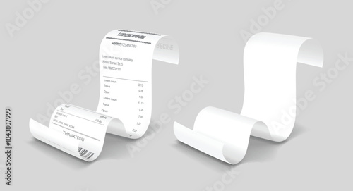 Payment check isometric set. Buying financial invoice paper bill. Receipt purchasing calculate pay vector isolated. Blank and printed seller form, cash invoice, supermarket bill