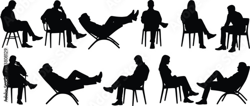 Silhouettes of people sitting, relaxing, lounging, ergonomic posture, body language, chair poses, human figures, seated positions, lifestyle concept, design reference