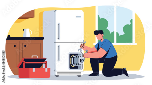 Flat vector illustration of a repairman fixing a refrigerator motor, ideal for appliance repair businesses, technical manuals, service advertisements, and home maintenance designs