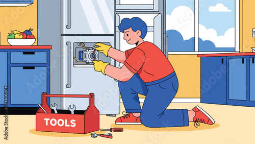 Flat vector illustration of a repairman fixing a refrigerator motor, ideal for appliance repair businesses, technical manuals, service advertisements, and home maintenance designs