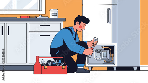 Flat vector illustration of a repairman fixing a refrigerator motor, ideal for appliance repair businesses, technical manuals, service advertisements, and home maintenance designs