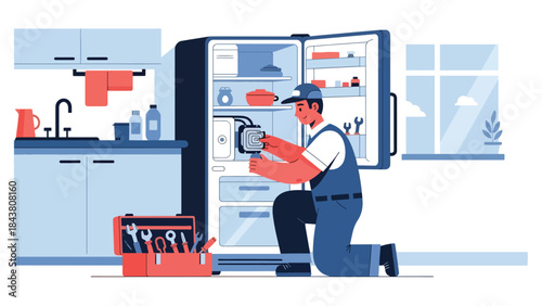 Flat vector illustration of a repairman fixing a refrigerator motor, ideal for appliance repair businesses, technical manuals, service advertisements, and home maintenance designs