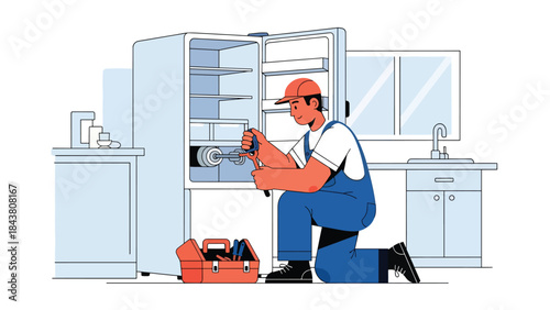 Flat vector illustration of a repairman fixing a refrigerator motor, ideal for appliance repair businesses, technical manuals, service advertisements, and home maintenance designs