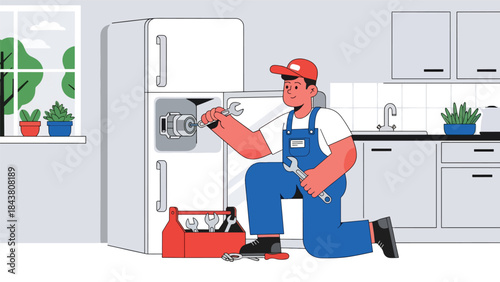 Flat vector illustration of a repairman fixing a refrigerator motor, ideal for appliance repair businesses, technical manuals, service advertisements, and home maintenance designs