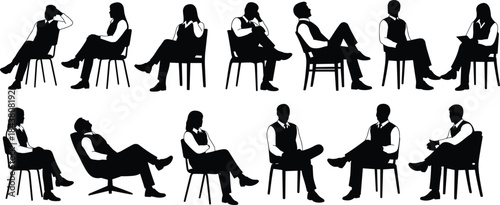 Silhouettes of seated people in various poses, body language, chair posture, ergonomic sitting, human gesture, casual and formal sitting