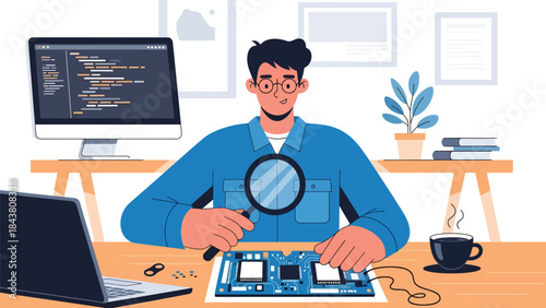 Modern flat vector illustration of a repairman fixing a laptop motherboard at a desk, ideal for electronics repair services, tech support visuals, and IT maintenance content