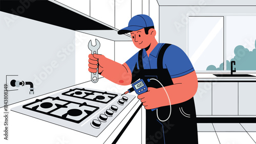 Flat vector illustration of a repairman repairing a home gas stove, ideal for kitchen appliance services, safety guides, maintenance brochures, and household repair visuals