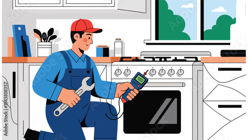 Flat vector illustration of a repairman repairing a home gas stove, ideal for kitchen appliance services, safety guides, maintenance brochures, and household repair visuals